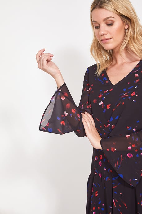 Black Abstract Floral Print Fit & Flare Dress