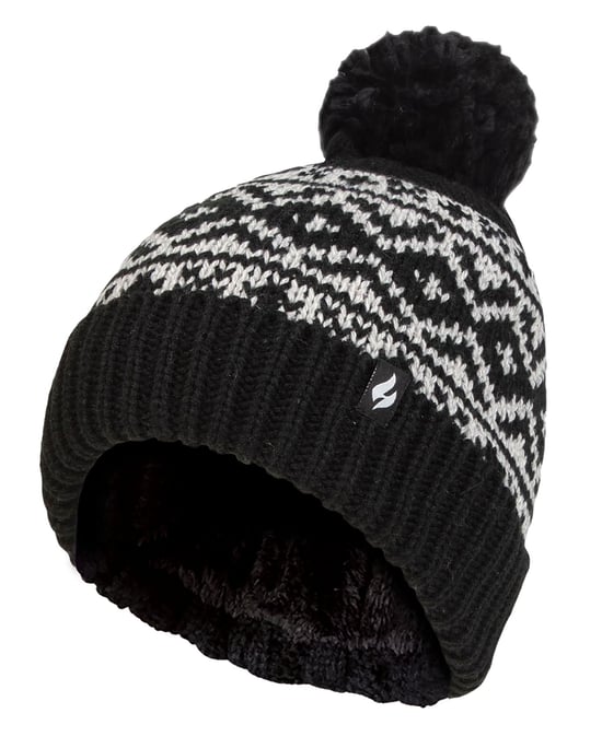 Dames Patroon Omgeslagen Bobble Muts | Heat Holders | Chunky Kabelbrei met Heatweaver Fleece Voering | Billingen Stijl - Zwart - Image 1