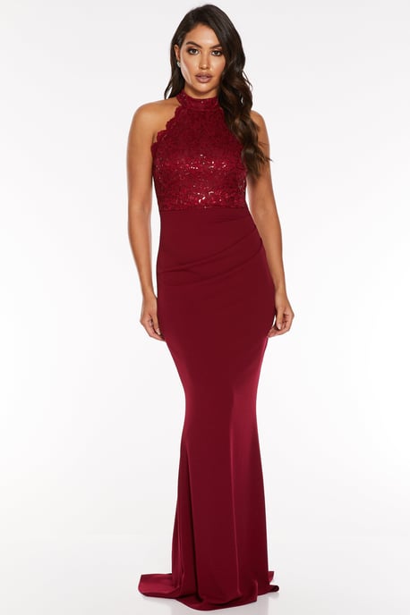 Berry Sequin Lace Scallop Edge Fishtail Maxi Dress