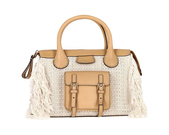 Chloé Edith Fringe Medium Dagtas in Beige Linnen en Tan Kalfsleer - Image 1