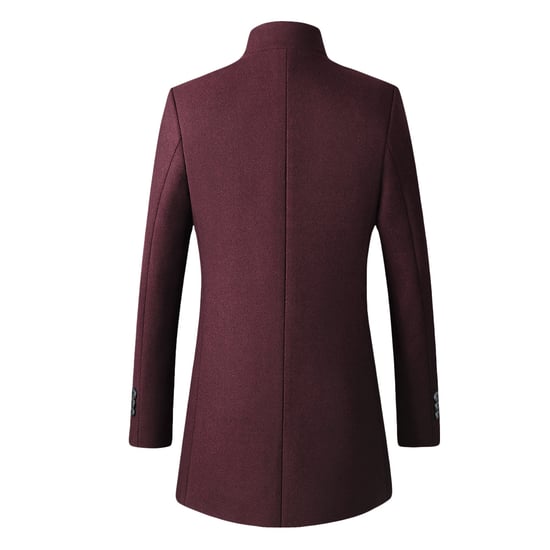 Men's Wool Long Slim Fit Stand-Up Collar Business Coat for Winter Red
