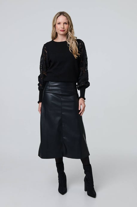 Black Faux Leather High Waist Midi Skirt