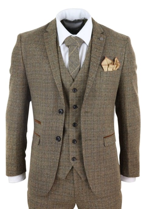 Heren 3-delig Bruin Tweed Ruit Vintage Retro Pak - Image 1