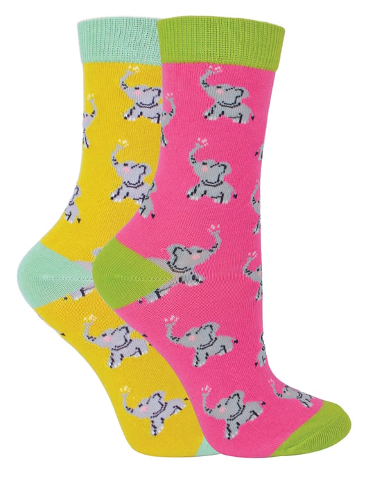 Set van 2 sokken met dierenprint voor meisjes | Miss Sparrow | Casual grappig patroon crew bamboe sokken | Grappige nieuwe sokken voor kinderen - Olifanten - Image 1