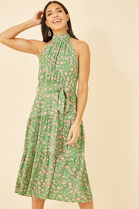 Green Halter Neck Floral Midi Dress