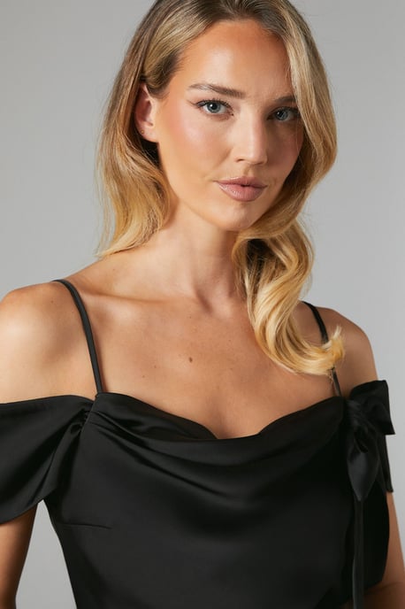 Draped Bardot Tie Detail Satin Bridesmaids Maxi Dress