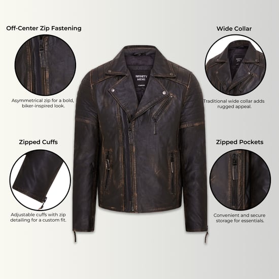 Mens Vintage Black Brando Double Cross Zip Leather Biker Jacket- Fagernes