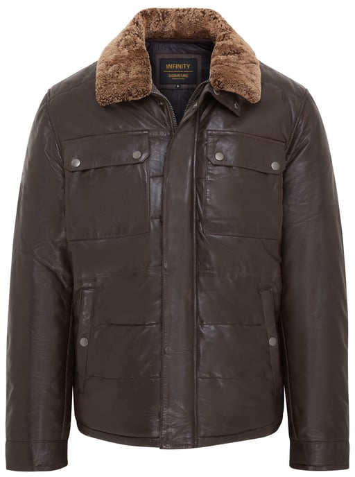 Mens Brown Leather Puffer Quilted Jacket - Farsund