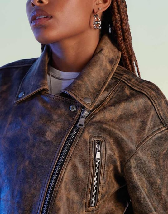 ASOS DESIGN premium washed real leather oversized biker jacket in brown - Image 3