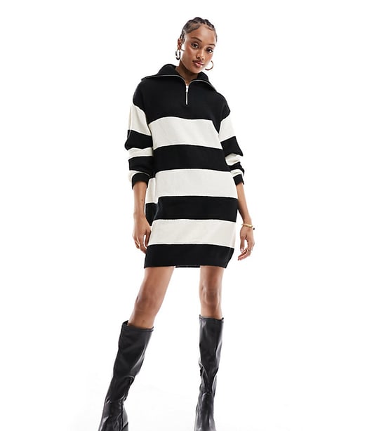 ASOS DESIGN Tall knitted jumper mini dress with zip neck in stripe