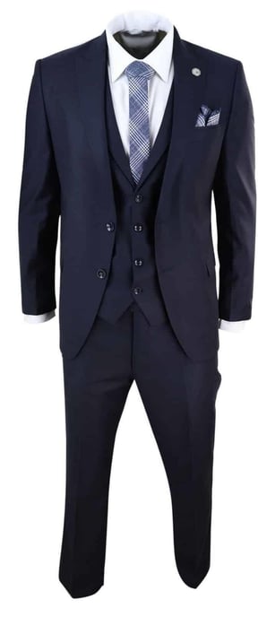 Mens 3 Piece Suit Plain Navy Classic Tailored Fit Smart Casual 1920s Formal