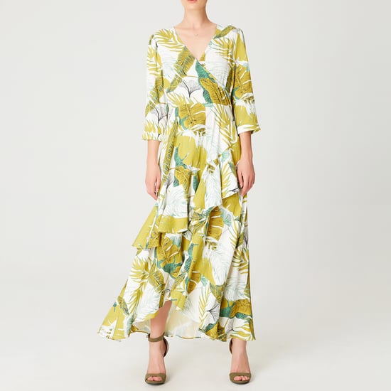 Tropical print frilled midi dress with cross bust