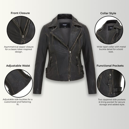 Womens Black Leather Brando Biker Jacket - Finnsnes