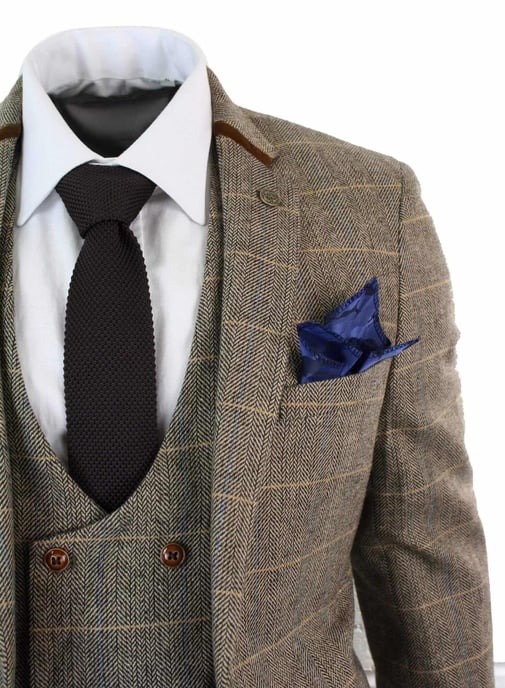 Heren 3-delig bruin visgraat tweed geruit pak - Image 5