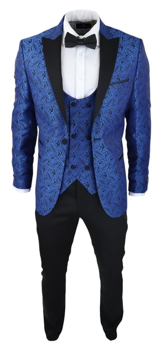 Mens Blue Tuxedo Blazer Waistcoat Brocade Black Satin Paisley Dinner Jacket