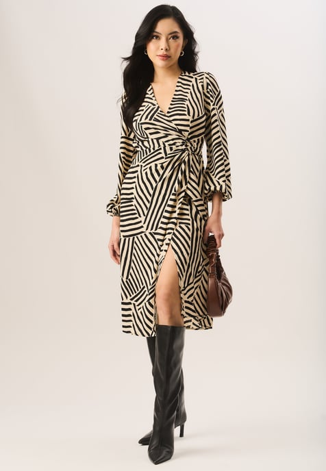 Geo Print Assymetric Hem Wrap Midi Dress