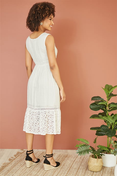 White Lace And Dobby Cotton Midi Sundress Dress