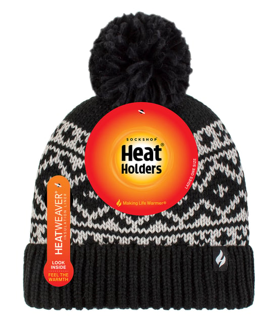 Dames Patroon Omgeslagen Bobble Muts | Heat Holders | Chunky Kabelbrei met Heatweaver Fleece Voering | Billingen Stijl - Zwart - Image 2