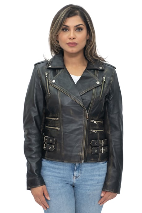 Womens Leather Vintage Brando Biker Jacket-Orlando