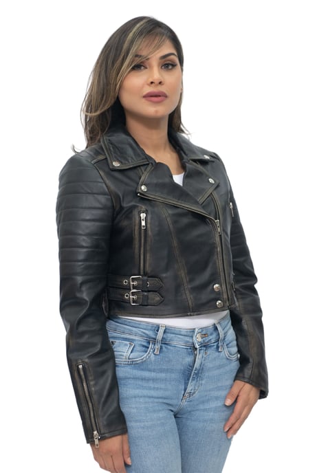 Womens Cropped Brando Leather Biker Jacket-Damascus