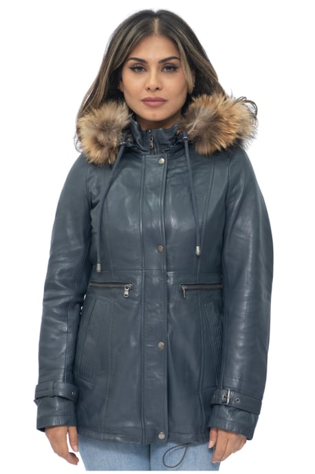 Womens Leather Hooded Parka Jacket-Putian