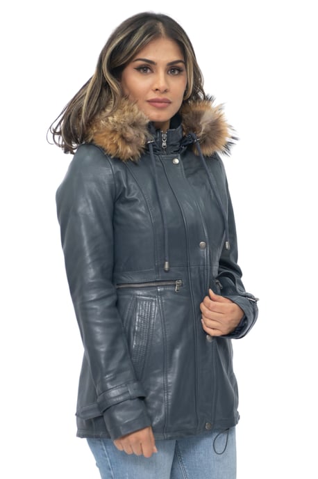 Womens Leather Hooded Parka Jacket-Putian