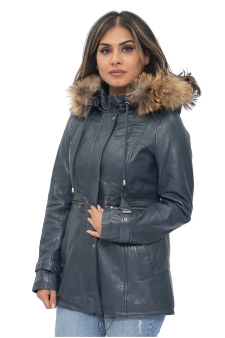 Womens Leather Hooded Parka Jacket-Putian