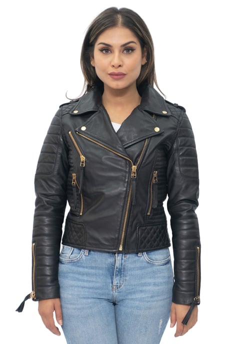 Womens Leather Quilted Vintage Brando Biker Jacket-Lusaka