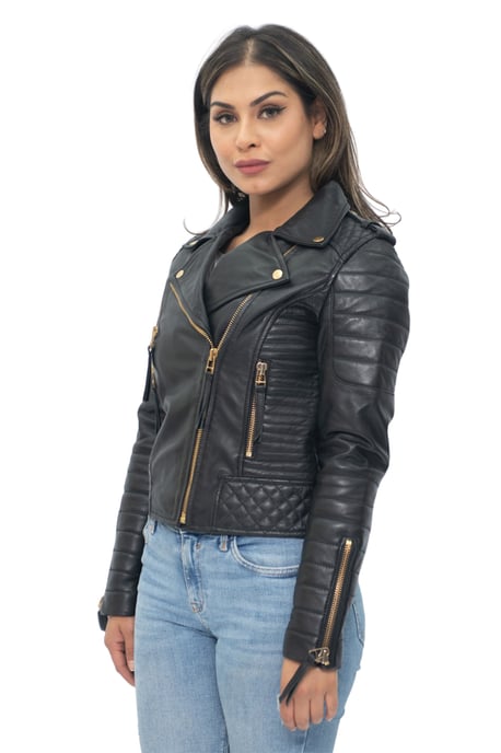 Womens Leather Quilted Vintage Brando Biker Jacket-Lusaka