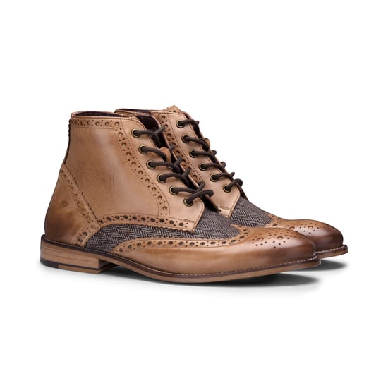 Mens Classic Oxford Tan Leather Gatsby Brogue Ankle Boots with Tweed