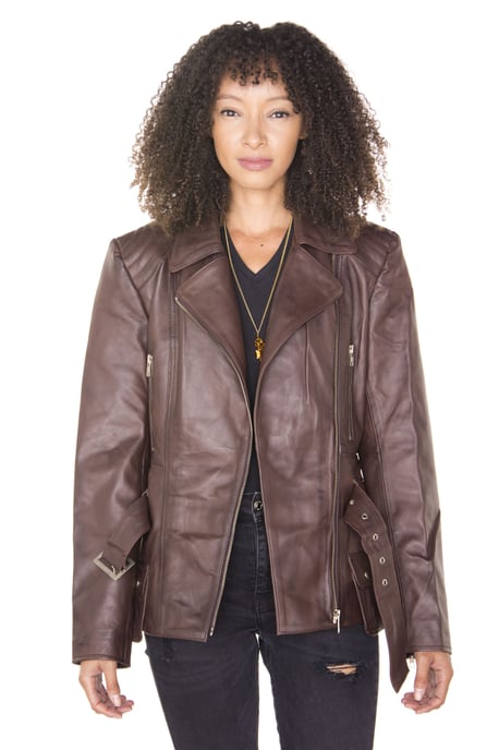 Womens Long Leather Biker Jacket-Quito