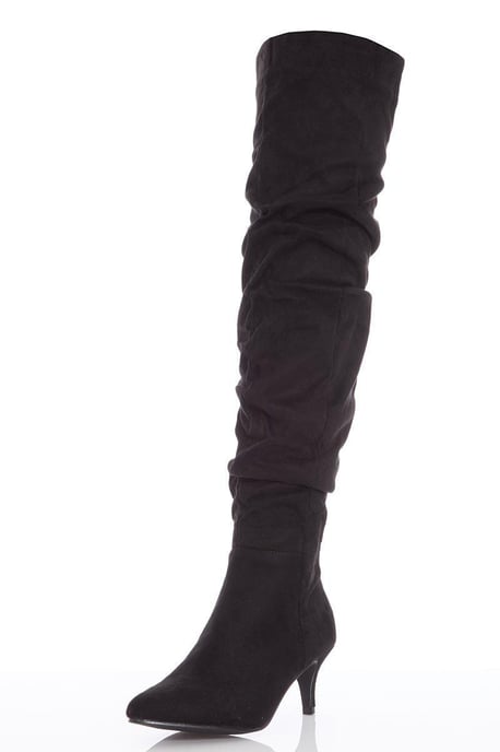 Black Faux Suede Knee High Heel Boots