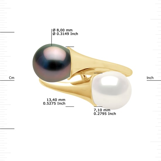 DIADEMA - Ring You & Me in Yellow Gold - Real Freshwater Pearls and Tahitian Pearls - White
