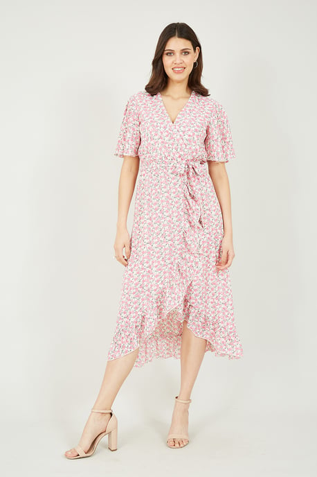 Mela Pink Ditsy Floral Wrap Midi Dress