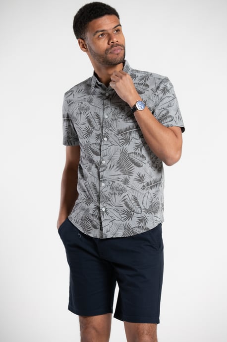 Grey Printed Chambray Short-Sleeve Shirt