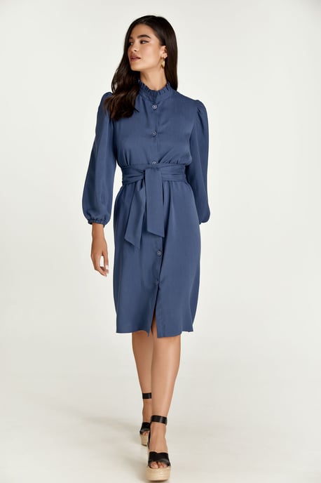 Belted Long Sleeve Indigo Dress in Tencel