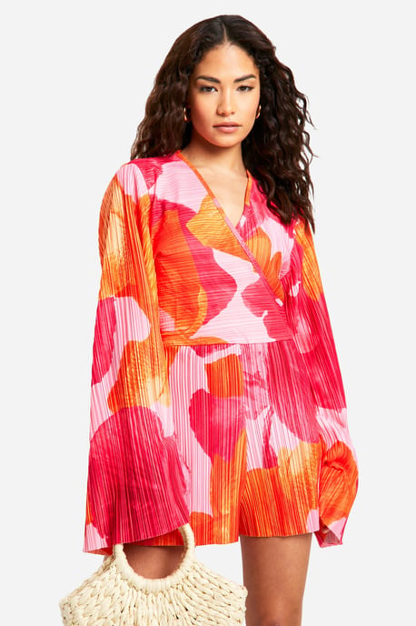 Petite Plisse Floral Printed Flare Sleeve Playsuit - Image 1