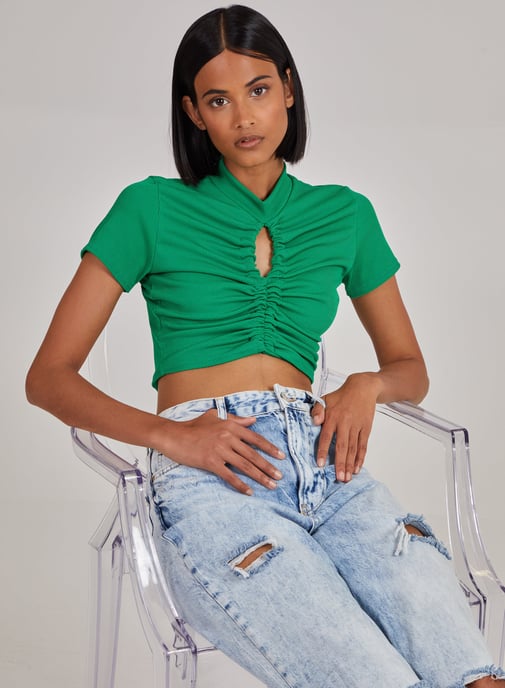 Short Sleeve Gathered Keyhole Ribbed Top