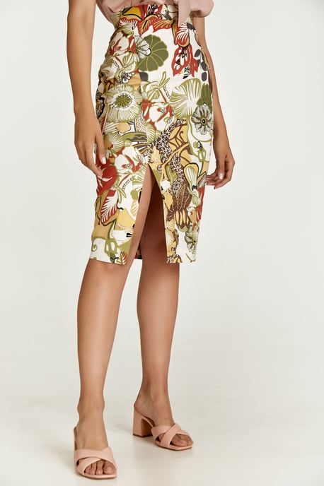 Floral Cotton Pencil Skirt in Earthy Shades