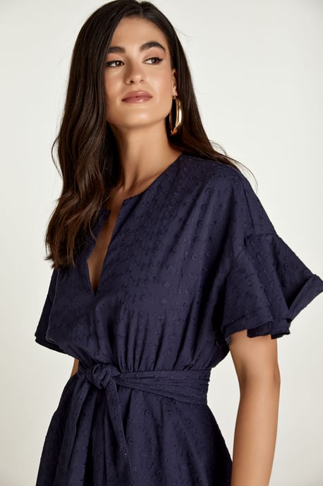 Dark Blue Embroidered Dress with Ruffle Sleeves
