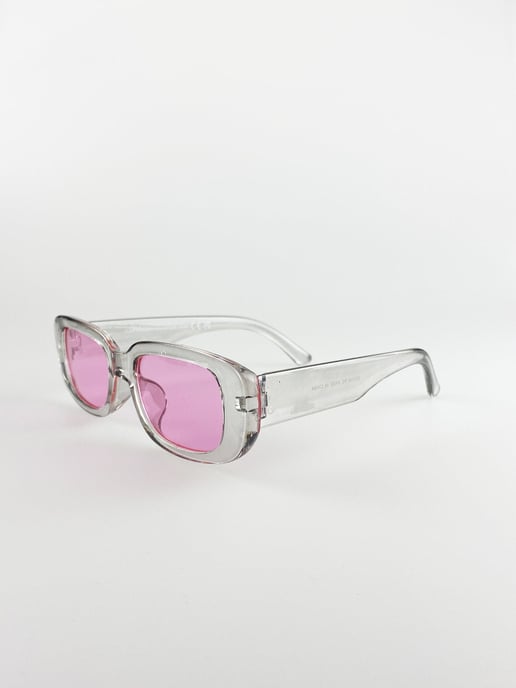 Retro Rectangle Sunglasses With Pink Lenses and Light Grey Frame