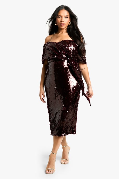 Plus Premium Sequin Off The Shoulder Midi Dress
