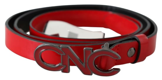 Costume National Women's Red Black Reversible Leather Logo Buckle Belt