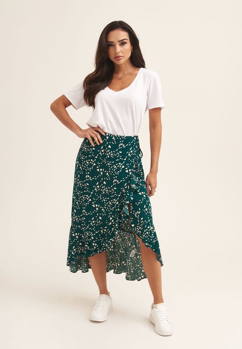 Animal Print Ruffle Wrap Midi Skirt
