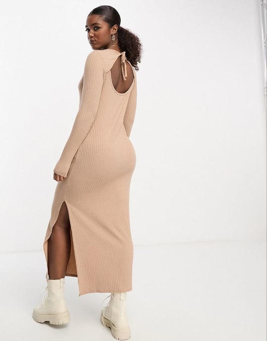 Miss Selfridge long sleeve ribbed midi dress with open tie back in beige-Brown