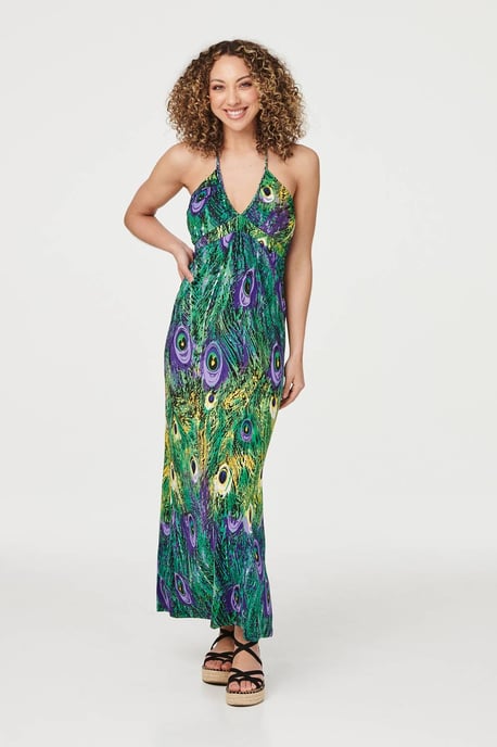 Green Peacock Print Halter neck Maxi Dress