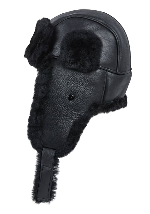 Mens Black RAF Aviator Sheepskin B-55 Trapper Hat Winter Warm Leather Navigator Hat