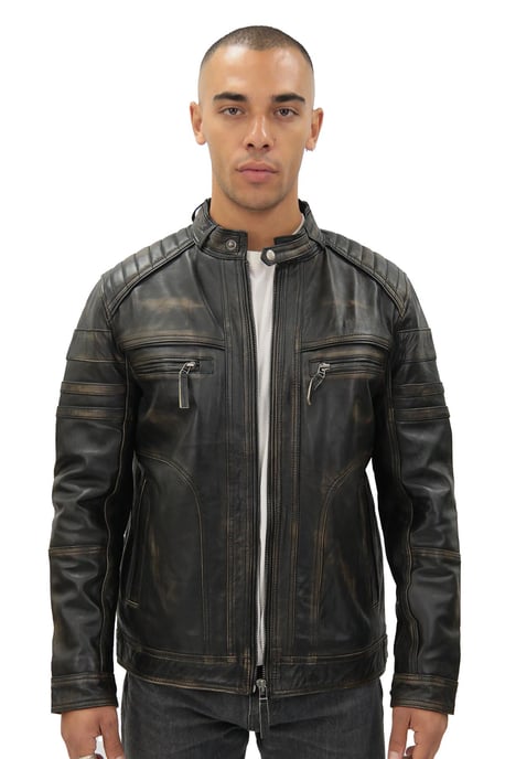 Men's Vintage Black Leather Biker Jacket-Naples