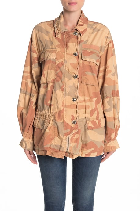 Free People Women's Jacket Brown Camoflauge Printed