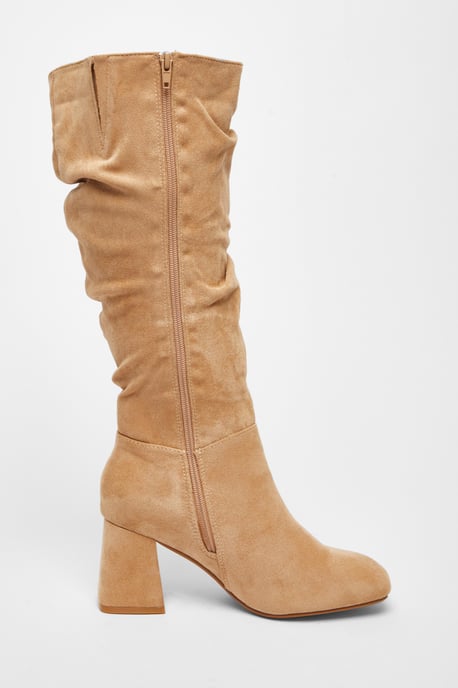 Wide Fit Taupe Knee High Faux Suede Block Heel Boots